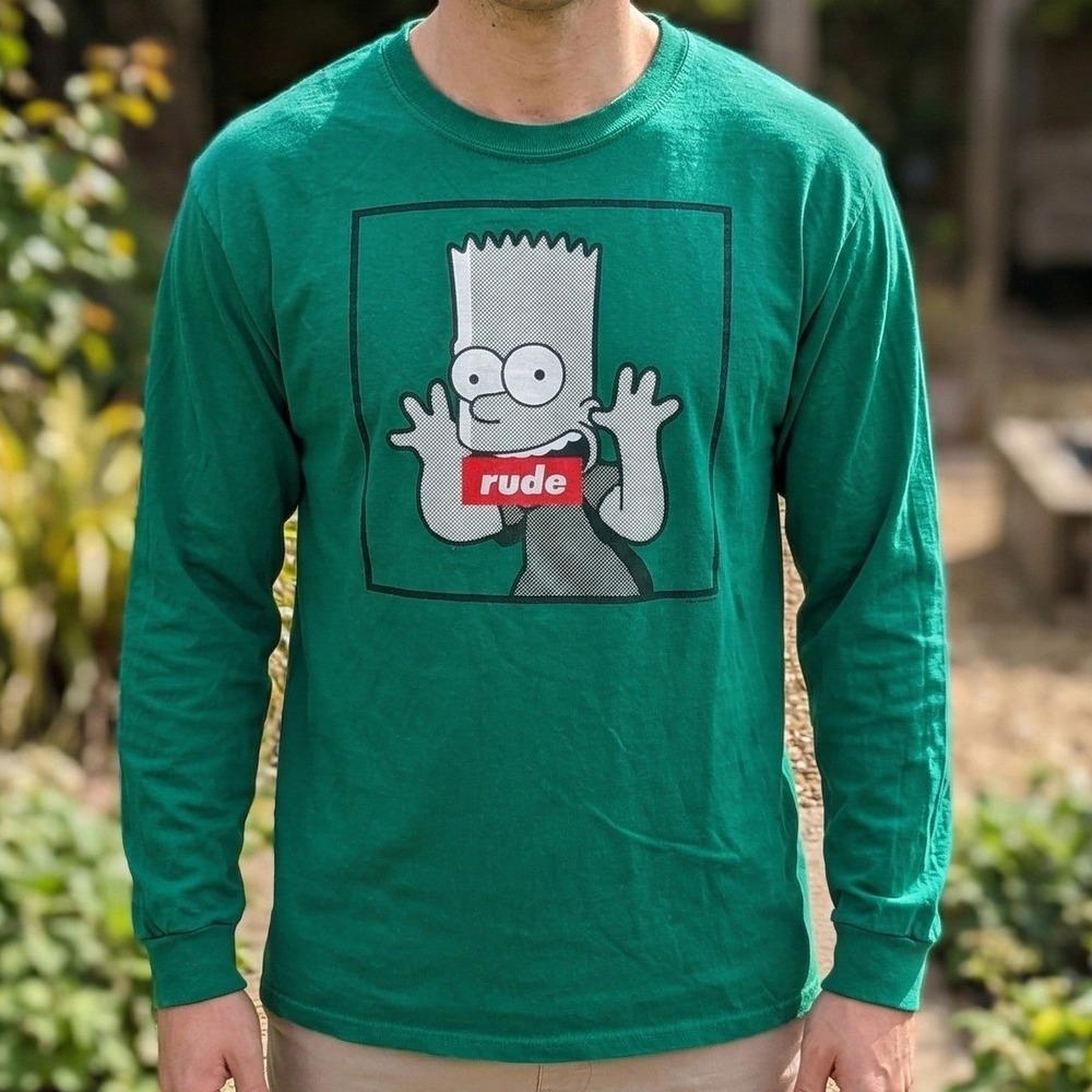 The Simpsons Bart Simpson Rude Box Logo Green Long Sleeve T-Shirt Mens M RN86947